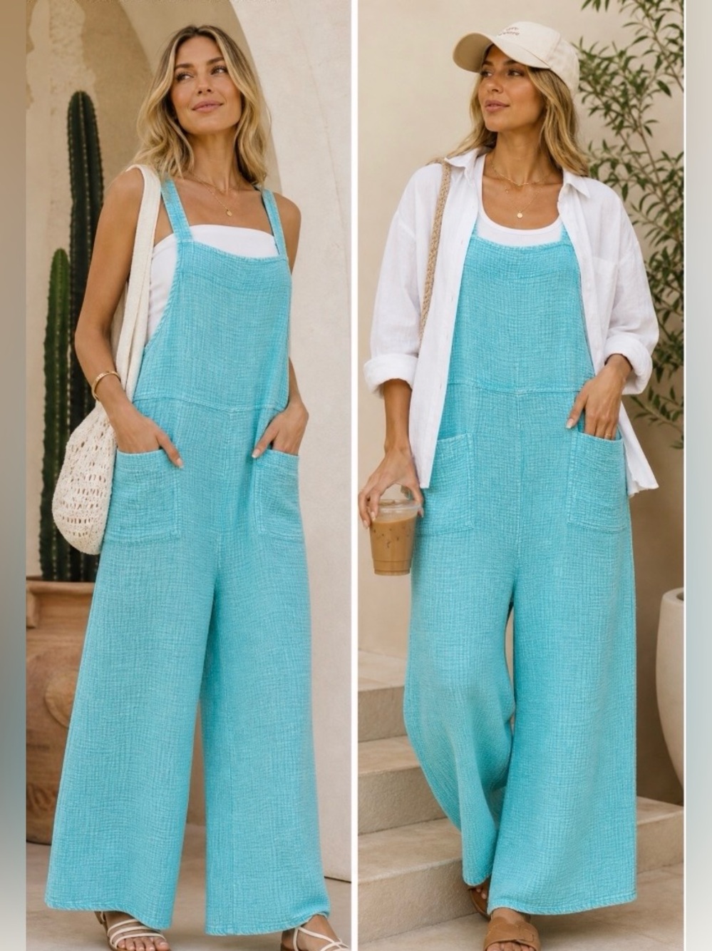 Zenana Wide-Leg Sky Cotton Double Gauze Overalls - Womens Jumpsuit different Szs